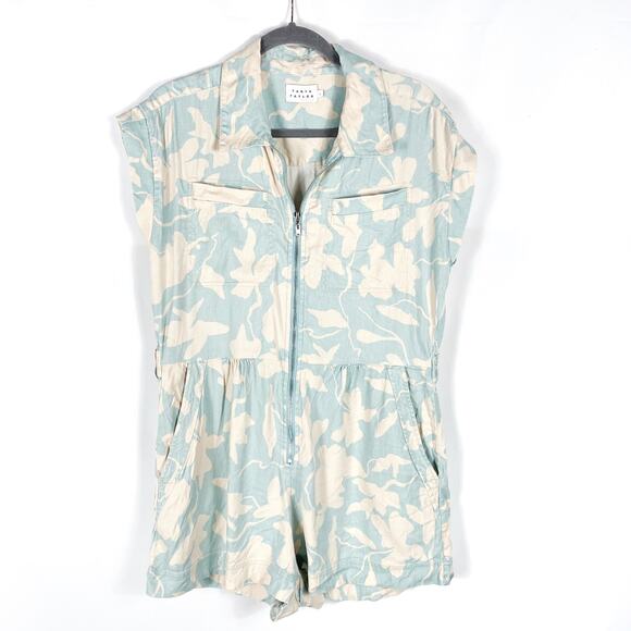 Tanya Taylor Skye Romper Blue Floral Collared Front Zip Linen Blend Sz XS‎ - Picture 5 of 12
